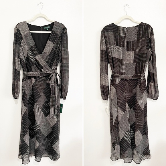 NWT Ralph Lauren Faux-Wrap Midi Dress Long Sleeve Tie Waist Geometric Size 16 - Picture 5 of 13